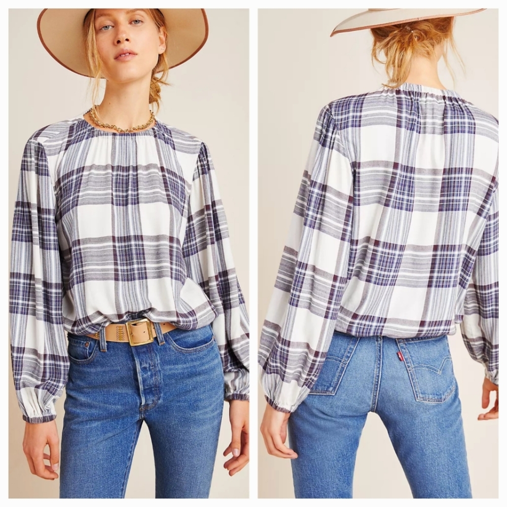 cloth & stone White and Navy Plaid Long-Sleeve Peasant Blouse